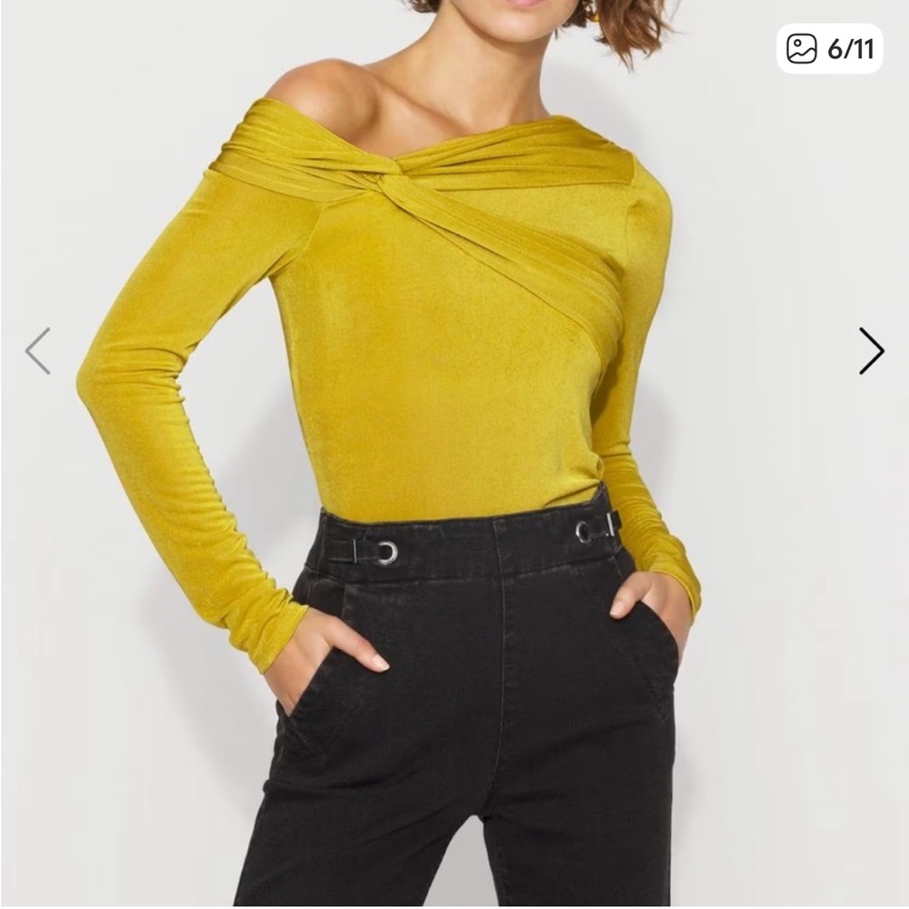 White House Black Market Mustard Draped Jersey Top - Picture 2 of 4